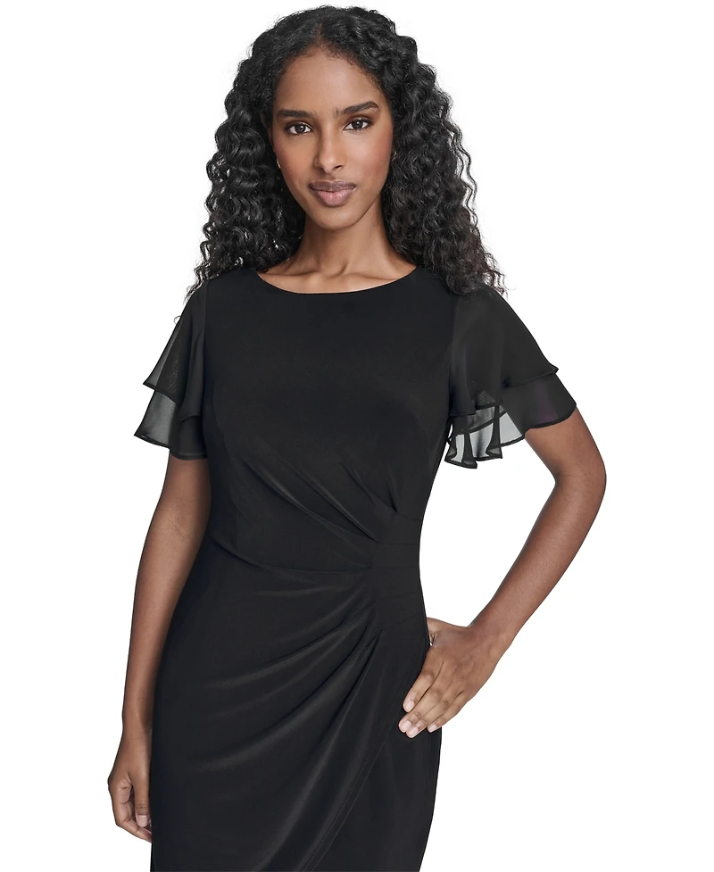 Jessica Howard Petite Flutter-Sleeve Tuck Faux Wrap Sheath Dress