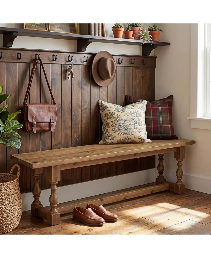 Tribesigns Rustic Solid Wood Entryway Bench, 59.1" Long Farmhouse Dining Seat with Turned Legs, End of Bed Bench