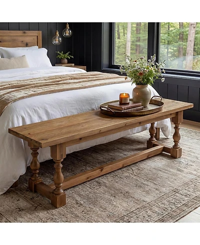 Tribesigns Rustic Solid Wood Entryway Bench, 59.1" Long Farmhouse Dining Seat with Turned Legs, End of Bed Bench