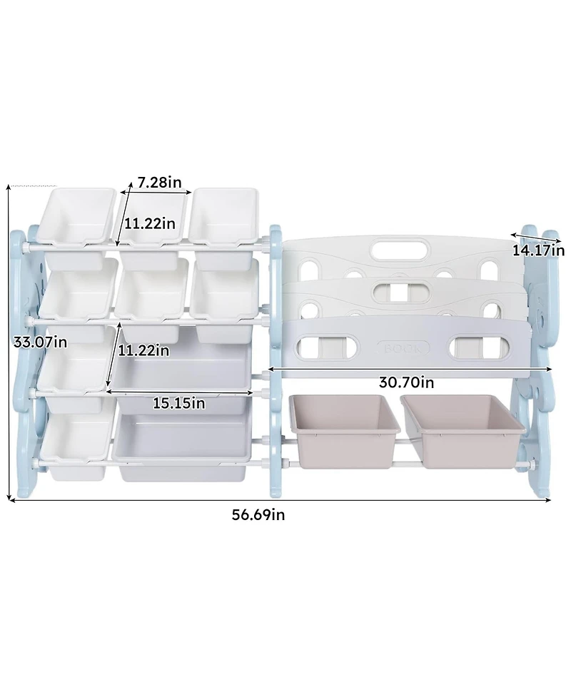 Rainsken Kids Bookshelf, Toy Storage Organizer with 12 Toy Bins and 2 Tier Display Rack for Playroom, Bedroom
