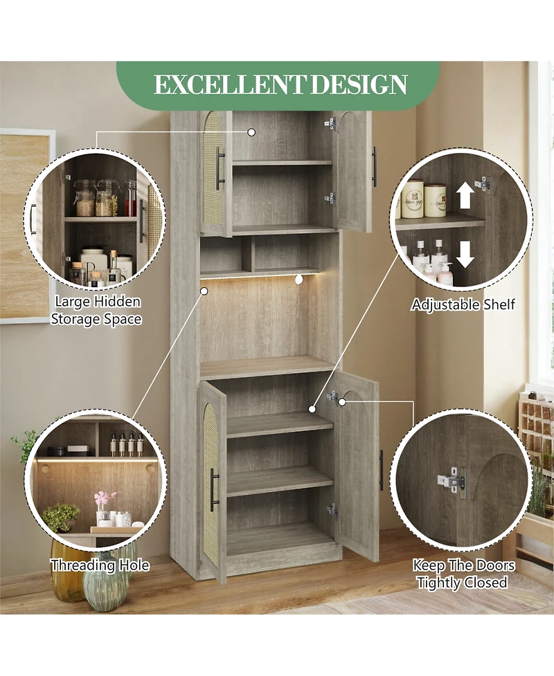homfan 71 Inch Tall Kitchen Pantry Cabinet - Farmhouse Oak Hutch Storage with Led and Rgb Light, Microwave Shelf, Adjustable Shelves