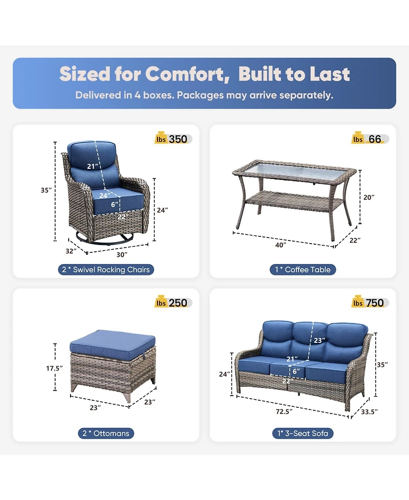 Pocassy 6 Pieces Outdoor Furniture Set Wicker Outdoor Sofa with Swivel Rocking Chairs Patio Ottomans Outdoor Coffee Table