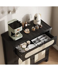homfan Set of 2 Modern Rattan Sideboard with Drawer and Adjustable Shelves, 30 Inch Storage Buffet for Entryway, Living Room, Dining Room and Kitchen