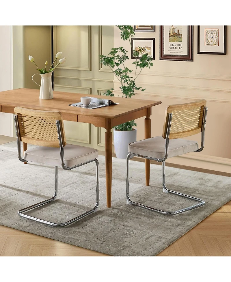 Rainsken Dining Chairs Set of 2, Velvet Upholstered Kitchen with Rattan Cane Back and Stainless Chrome Base for Room