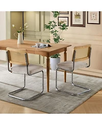 Rainsken Dining Chairs Set of 2, Velvet Upholstered Kitchen with Rattan Cane Back and Stainless Chrome Base for Room
