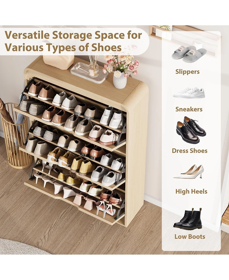 homfan Rattan Shoe Cabinet with 3 Flip Drawers, Slim and Narrow Wood Storage for Entryway, Adjustable Removable Shelves, Boho Hallway Organizer