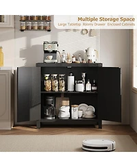 homfan Set of 2 Rattan Sideboard Buffet Cabinets, 31" Farmhouse Wooden Coffee Bar Console with Adjustable Shelves & Doors for Living Room