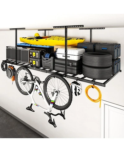 Fleximounts 4x8ft Overhead Garage Storage Rack with 6 Hooks, 22.6" -39.4" Ceiling Dropdown, Lite Series