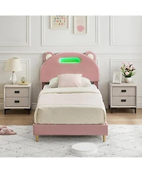 homfan Led Upholstered Platform Bed Frame with Headboard, Wood Slat Support, Remote and App Control, Box Spring Not Required