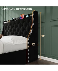 homfan Bed Frame with 4 Storage Drawers, Wingback Headboard, Charging Station, Wood Slat Support