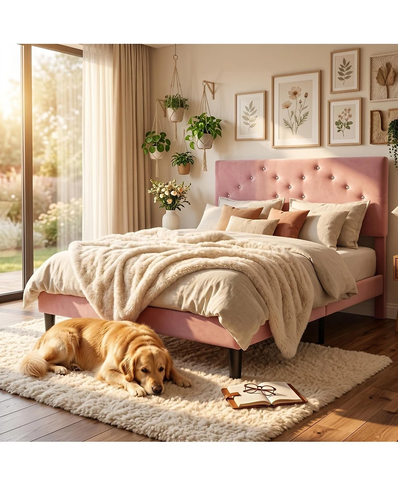 homfan Modern soft Upholstered Queen Platform Bed Frame, Tufted Headboard, Sturdy Wood Slats, No Box Spring Needed, Easy Assembly