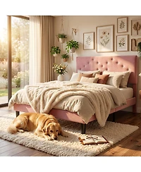 homfan Modern soft Upholstered Queen Platform Bed Frame, Tufted Headboard, Sturdy Wood Slats, No Box Spring Needed, Easy Assembly