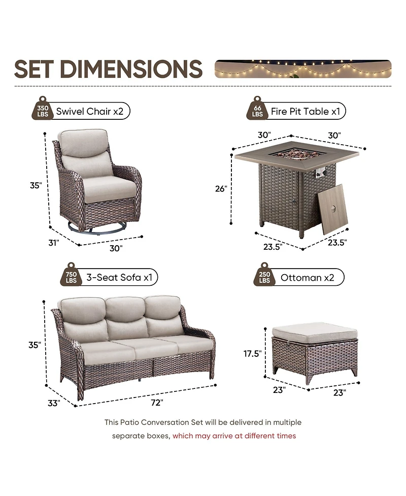 Pocassy Patio Furniture Set with Fire Pit Table-6 Piece All Weather Wicker Outdoor High Back Swivel Chairs Couch