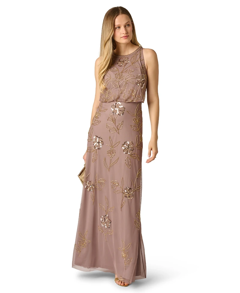 Adrianna Papell Women's Blouson Crewneck Beaded Ball Gown