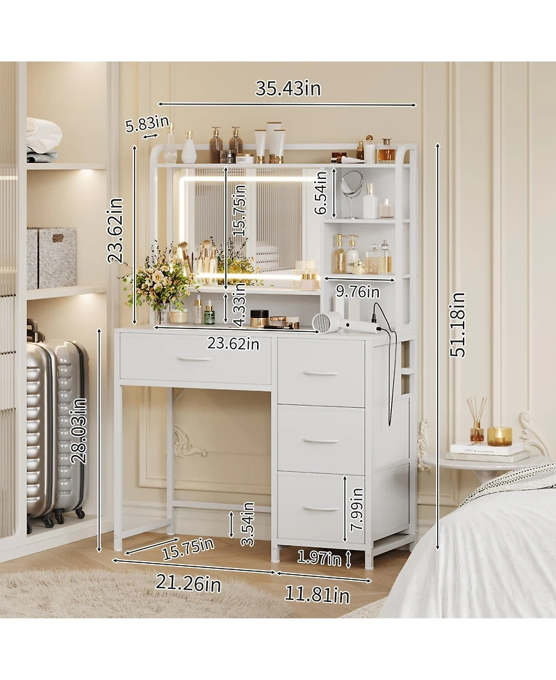 gaomon Vanity Desk with Mirror, Light, 35.4'' Makeup Vanity Table with Shelves, 4 Fabric Drawers Storage, Modern Dressing Table for Bedroom