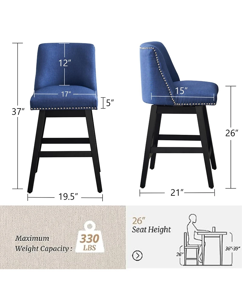 Rainsken Swivel Bar Stools Set of 2, linen fabric, Wood Fram, with Ergonomic Design, for Kitchen Island, Home Bar, Dining Room