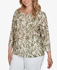 Hearts Of Palm Plus Green Leaf Printed Slub Top