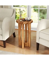 Yiortwo Outdoor Coffee Table with Round Tray Top and Solid Mahogany Wood Cross Legs