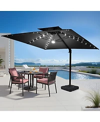 Pellebant Outdoor Patio 9x11 Ft Aluminum Double Canopy Solar Lights Cantilever Umbrella with Wheel Base