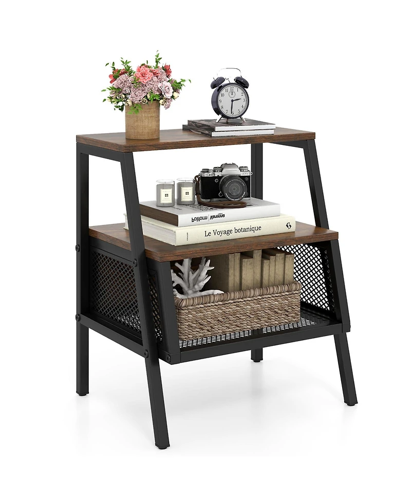 Slickblue Industrial Nightstand 3-Tier End Table with 2 Open Shelves and Metal Mesh Compartment