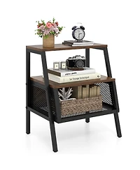 Slickblue Industrial Nightstand 3-Tier End Table with 2 Open Shelves and Metal Mesh Compartment