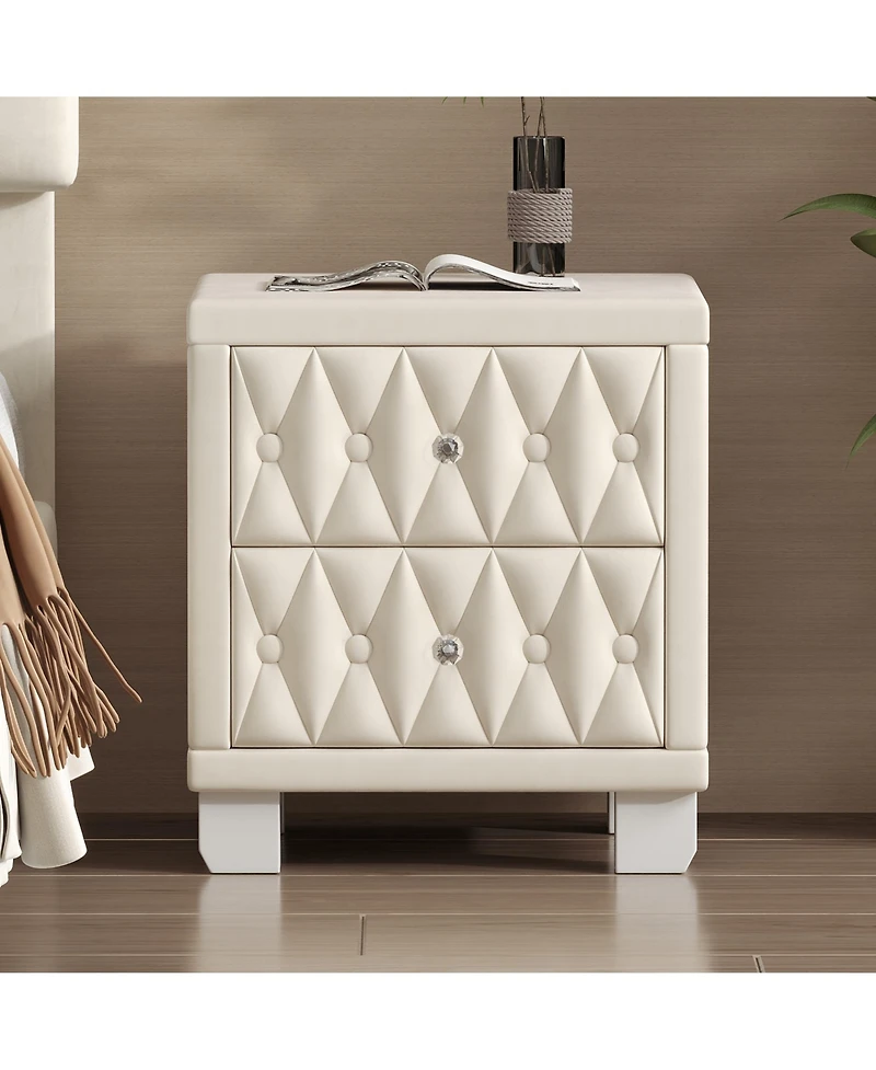 Rainsken Velvet Nightstand With 2 Storage Drawers, Modern Bedside Table With Diamond Tufted Design And Crystal Knobs For Bedroom, Living Room
