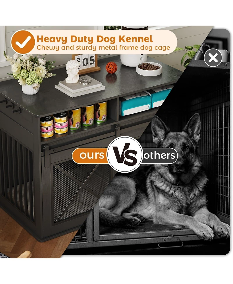 gaomon 44.5'' Dog Crate Furniture with Storage Drawers, Wooden Double Cage Tv Stand 2 Sliding Barn Doors
