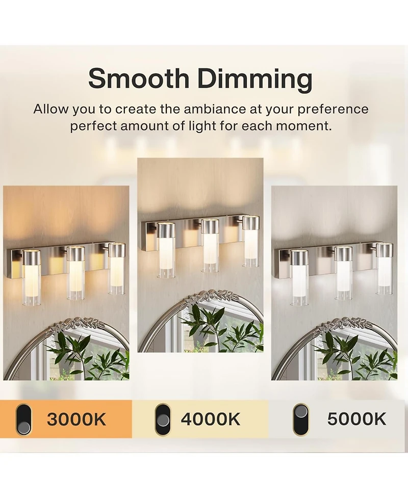 Tribesigns Led Bathroom Light Fixtures, 3-Light Vanity Lights Over Mirror, Wall Lights with 3 Color Modes and Sand Nickel Finish