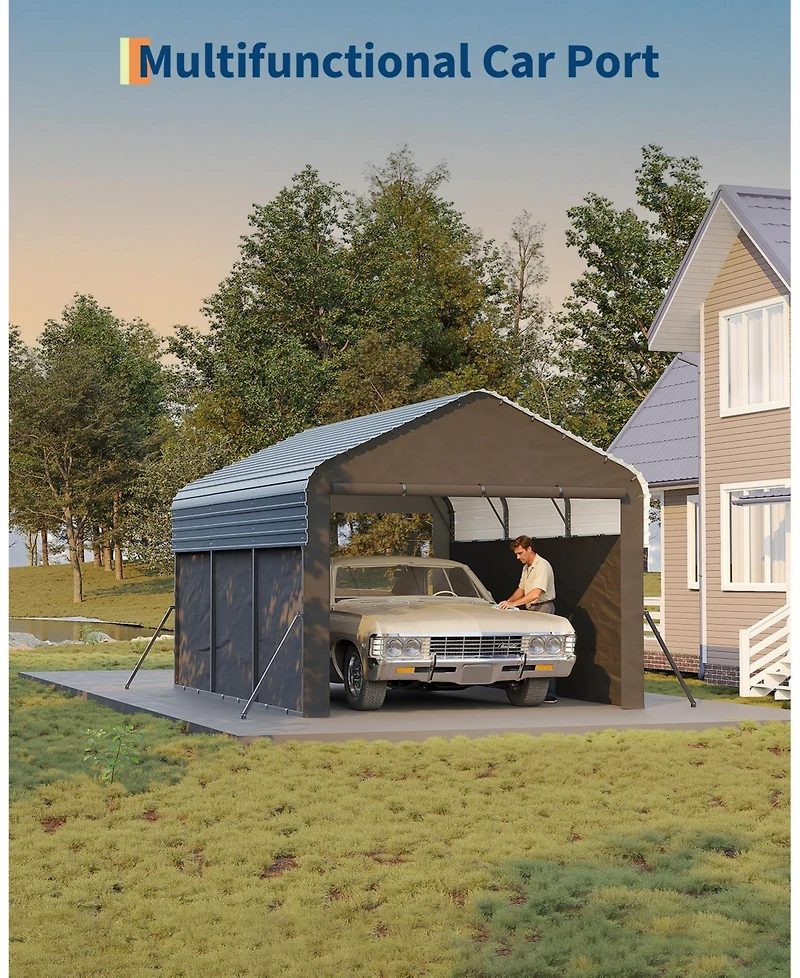 homfan Heavy Duty Carport, Galvanized Steel Frame with Painted Steel Pitched Roof, Vehicle Parking Shelter