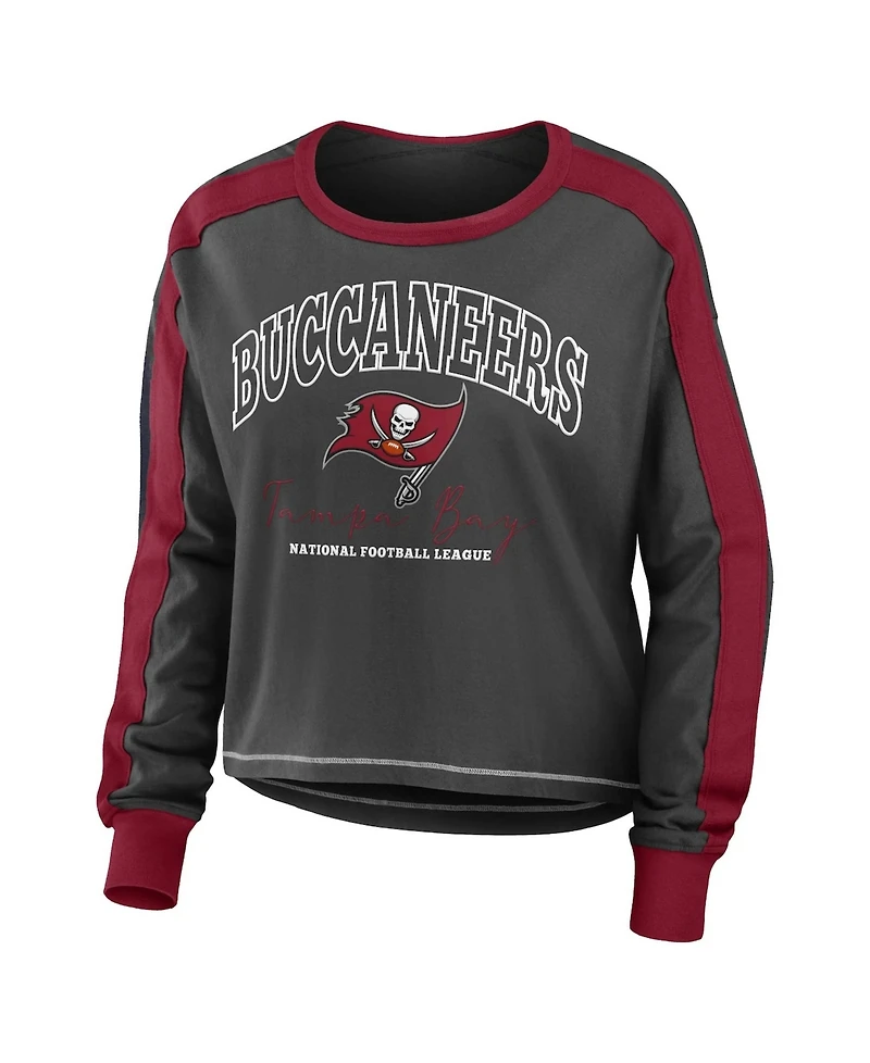 Wear by Erin Andrews Women's Pewter/Red Tampa Bay Buccaneers Color Block Modest Crop Long Sleeve T-Shirt