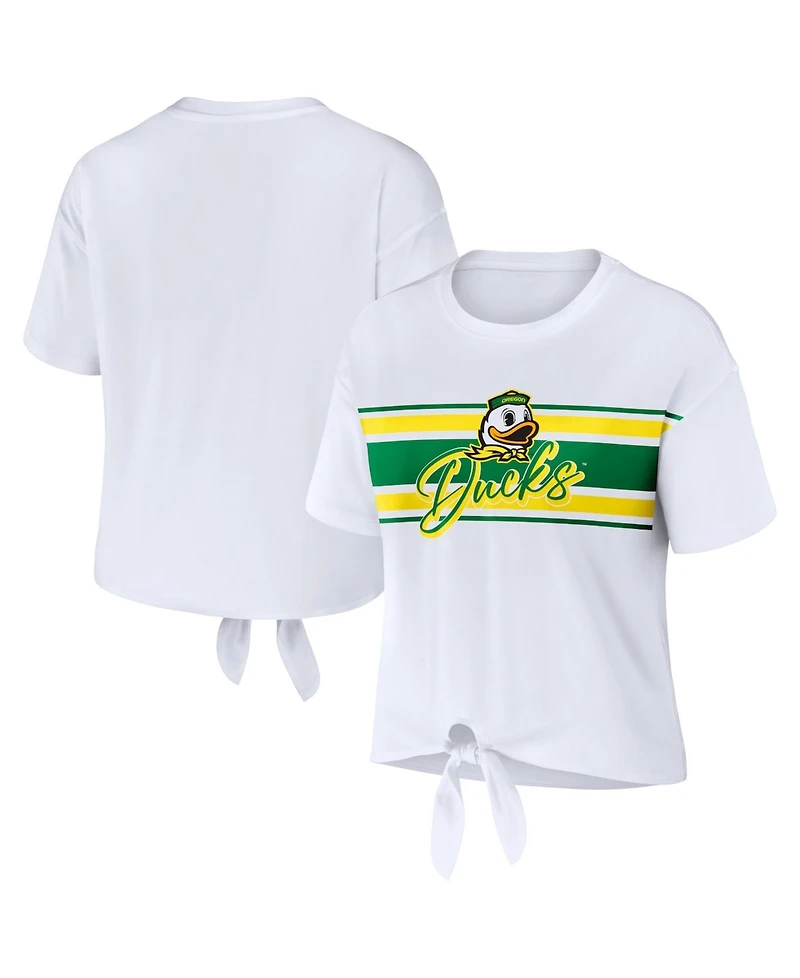 Wear by Erin Andrews Women's White Oregon Ducks Striped Front Knot Cropped T-Shirt