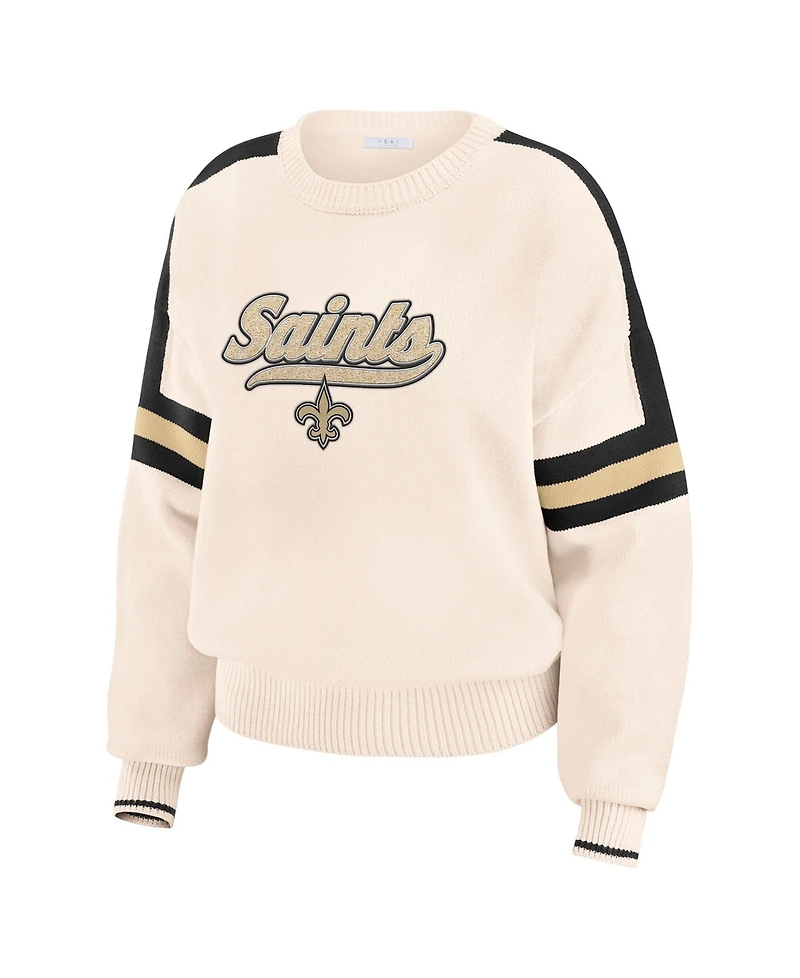 Wear by Erin Andrews Women's Cream New Orleans Saints Stripe Pullover Sweater