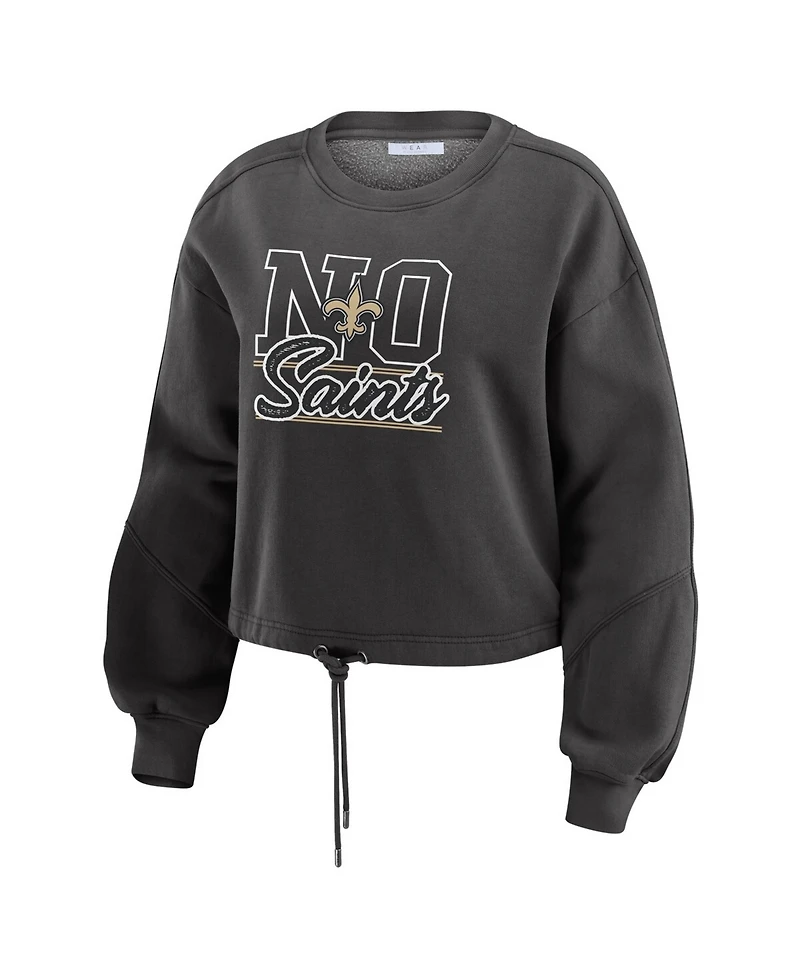 Wear by Erin Andrews Women's 2-Piece Black New Orleans Saints Washed Fleece Long Sleeve T-Shirt & Shorts Lounge Set