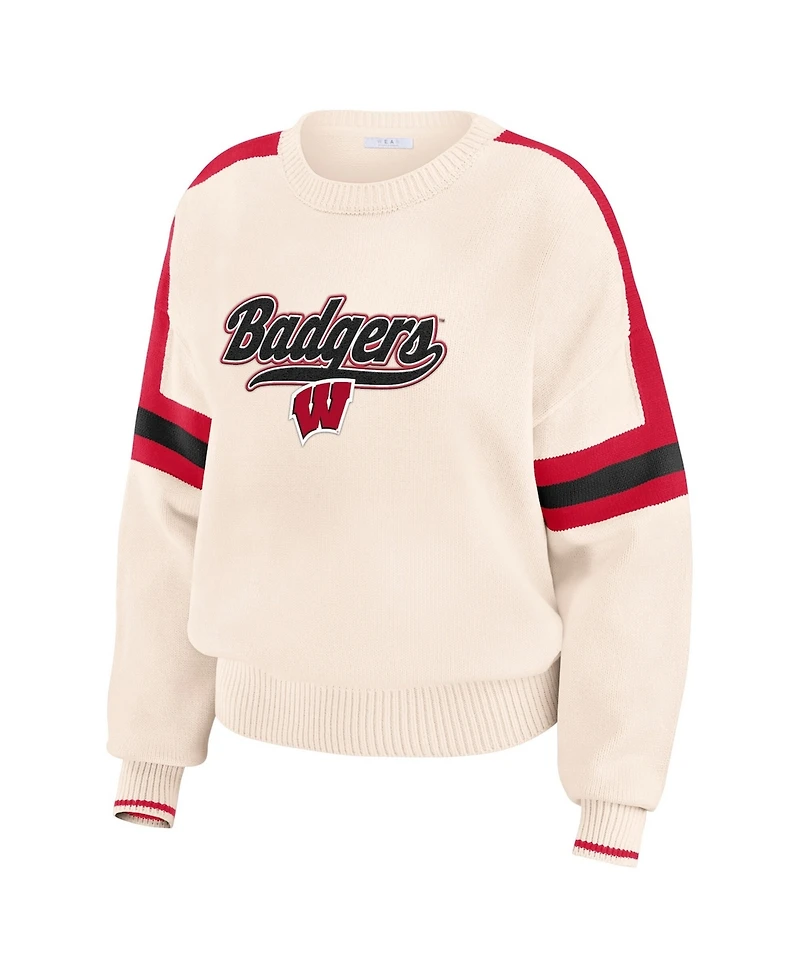 Wear by Erin Andrews Women's Cream Wisconsin Badgers Chenille Woven Patch Stripe Pullover Sweater