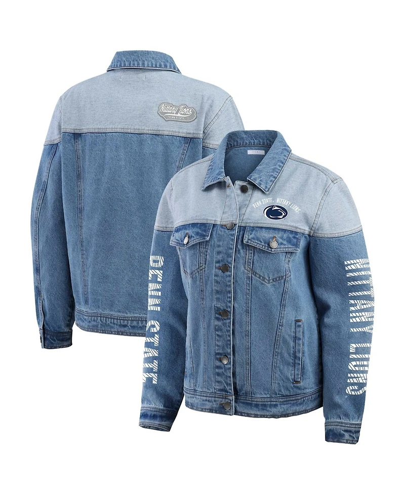Wear by Erin Andrews Women's Denim Penn State Nittany Lions Sleeve Hit Color block Button-Down Jacket