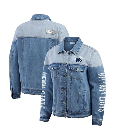 Wear by Erin Andrews Women's Denim Penn State Nittany Lions Sleeve Hit Color block Button-Down Jacket