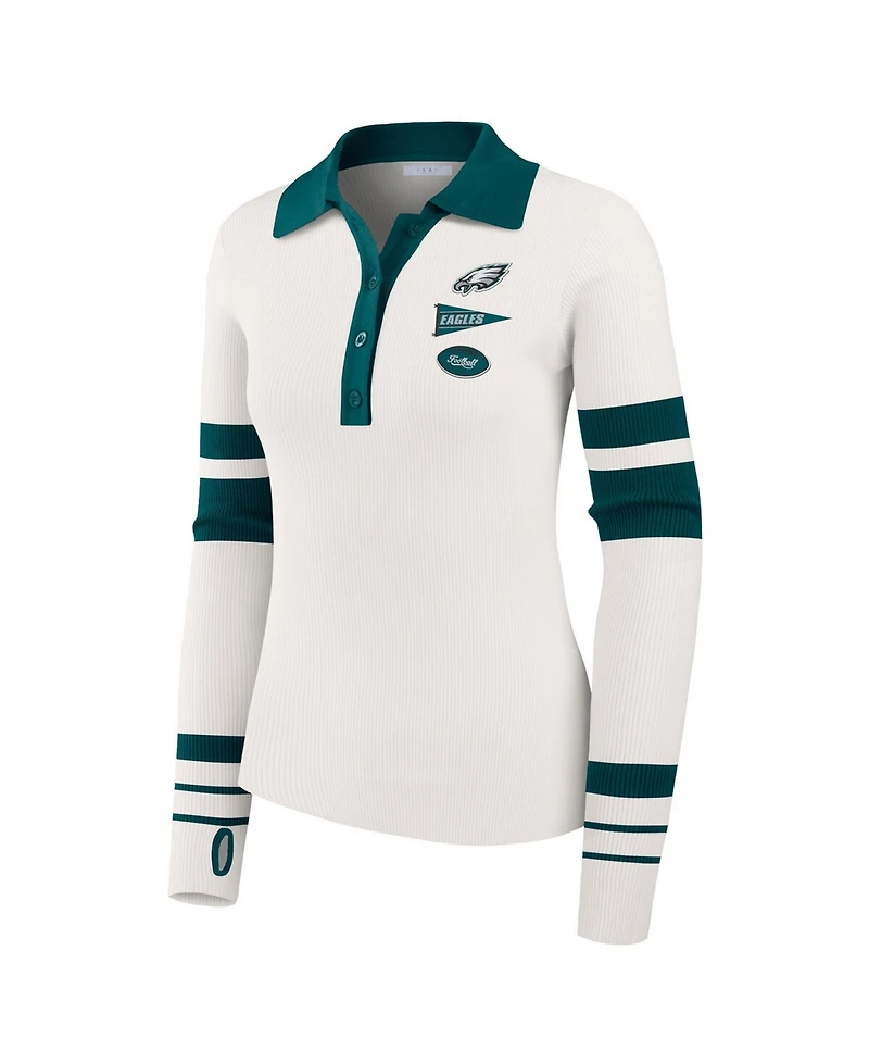 Wear by Erin Andrews Women's White Philadelphia Eagles Ribbed Henley Polo Sweater