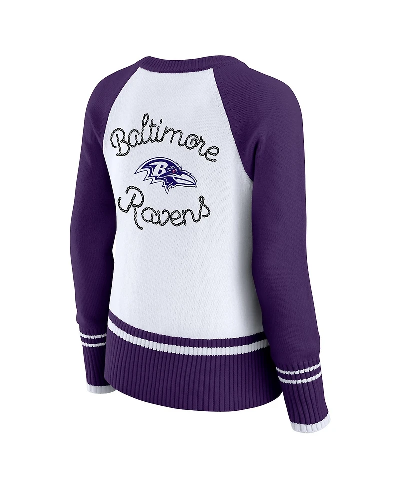 Wear by Erin Andrews Women's White/Purple Baltimore Ravens Color block Raglan Sweater