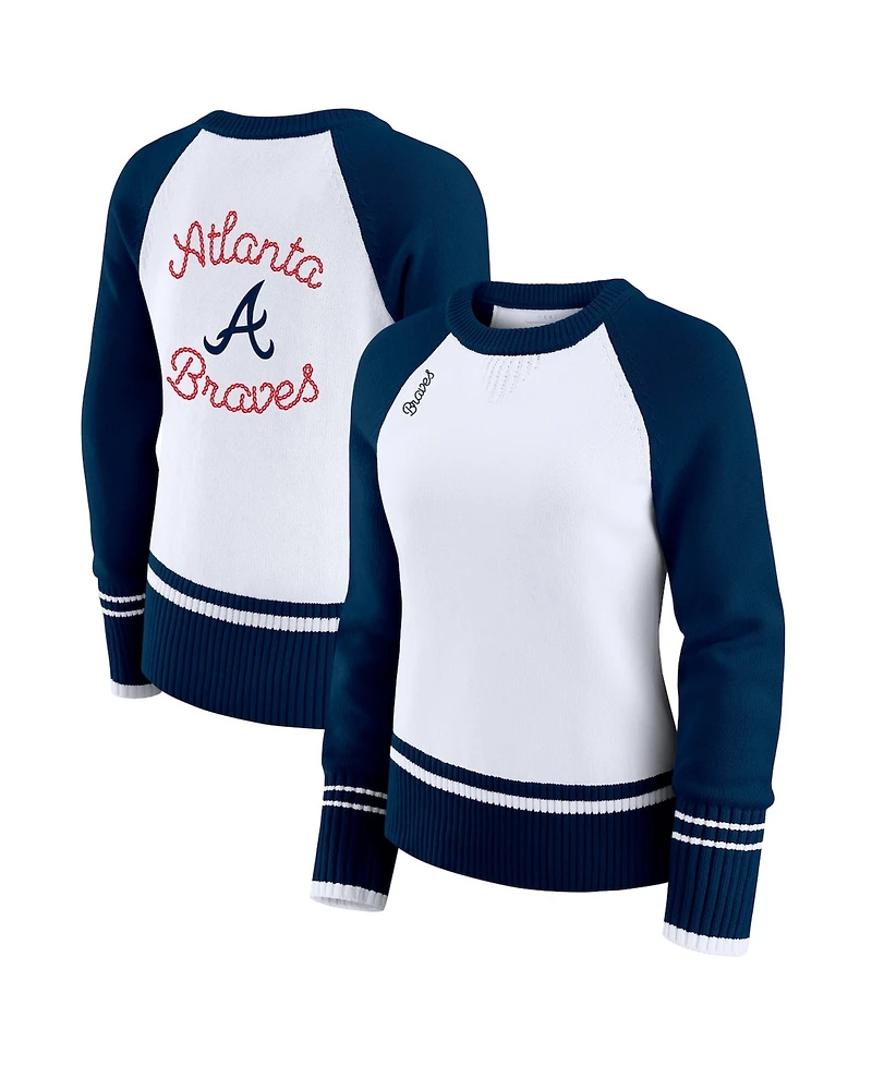 Wear by Erin Andrews Women's White Atlanta Braves Color block Raglan Sweater