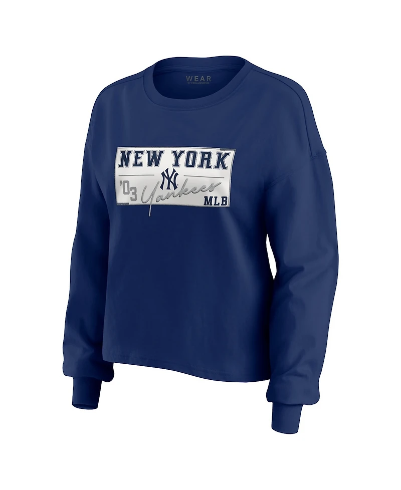 Wear by Erin Andrews Women's Navy New York Yankees Heavy Rugby Jersey Cropped Long Sleeve T-Shirt Shorts Lounge Set