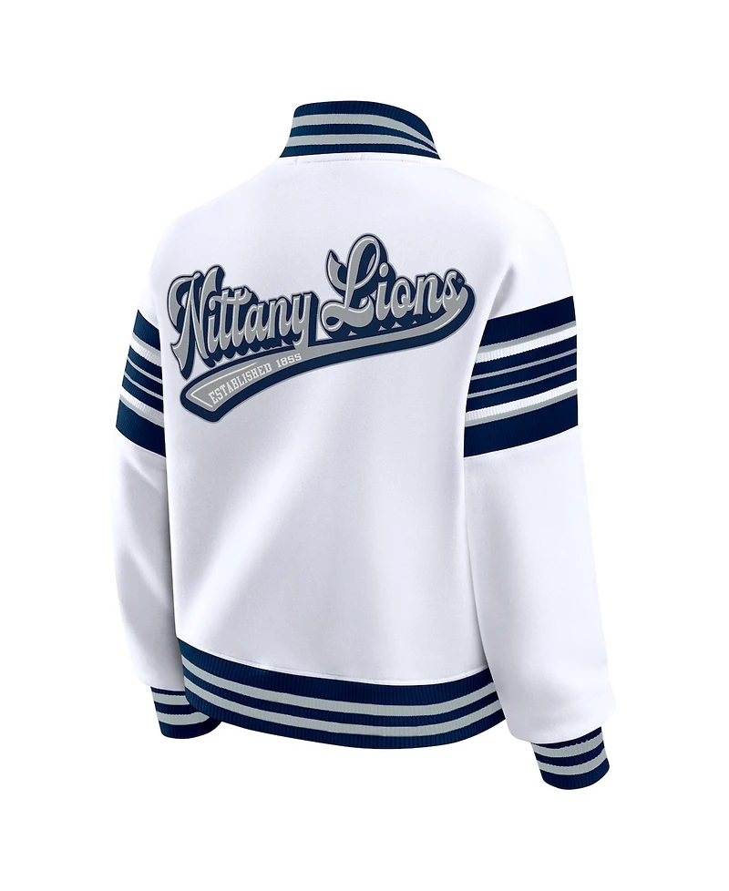 Wear by Erin Andrews Women's White/Navy Penn State Nittany Lions Satin Stitch Full-Snap Fleece Sweatshirt Jacket