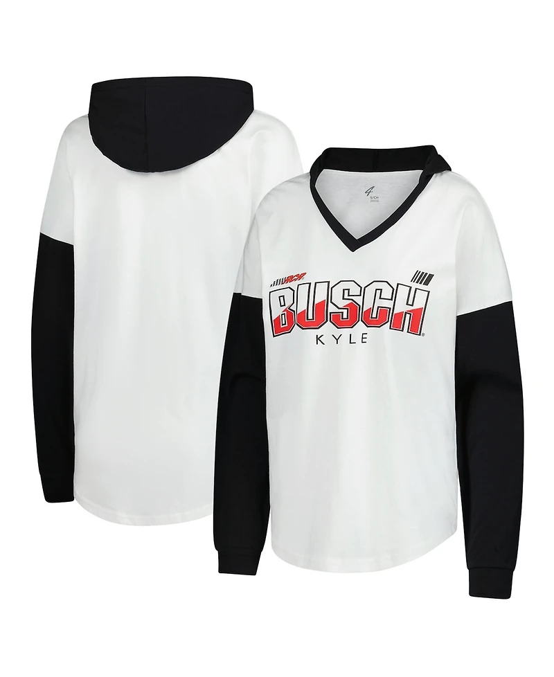 G-iii 4Her by Carl Banks Women's White/Black Kyle Busch Bench Player Oversized Long Sleeve Hoodie V-Neck T-Shirt