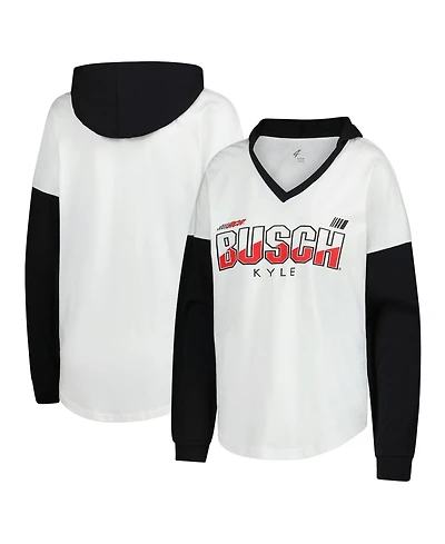 G-iii 4Her by Carl Banks Women's White/Black Kyle Busch Bench Player Oversized Long Sleeve Hoodie V-Neck T-Shirt