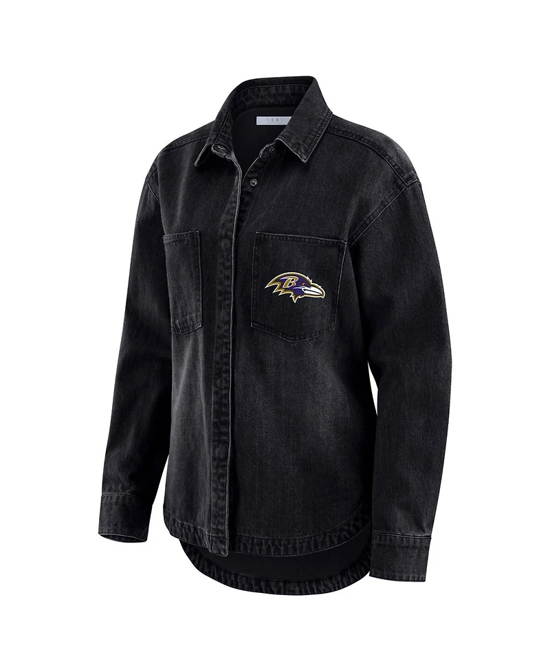 Wear by Erin Andrews Women's Black Baltimore Ravens Washed Oversized Denim Full-Snap Shacket