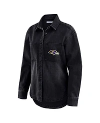 Wear by Erin Andrews Women's Black Baltimore Ravens Washed Oversized Denim Full-Snap Shacket