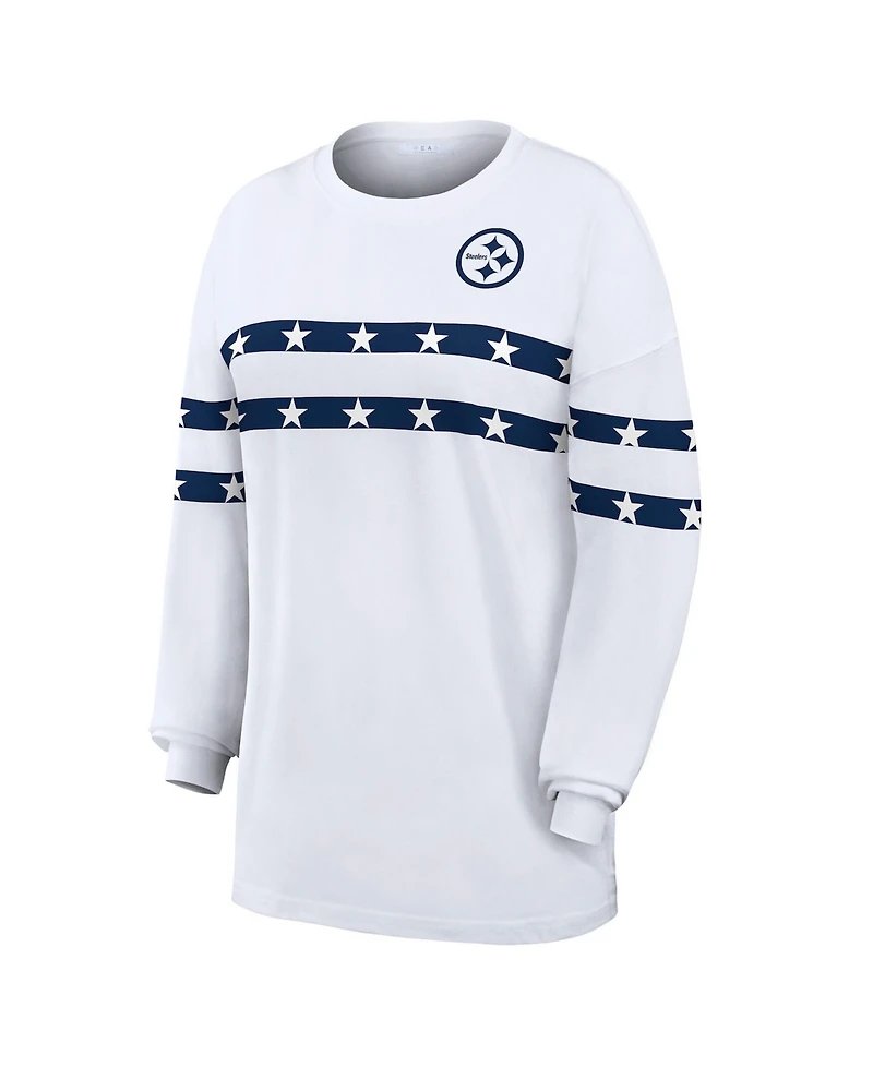 Wear by Erin Andrews Women's White Pittsburgh Steelers Americana Stripe Long Sleeve T-Shirt