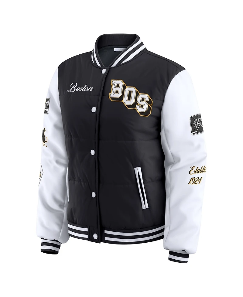 Wear by Erin Andrews Women's Black/White Boston Bruins Varsity Full-Snap Puffer Jacket