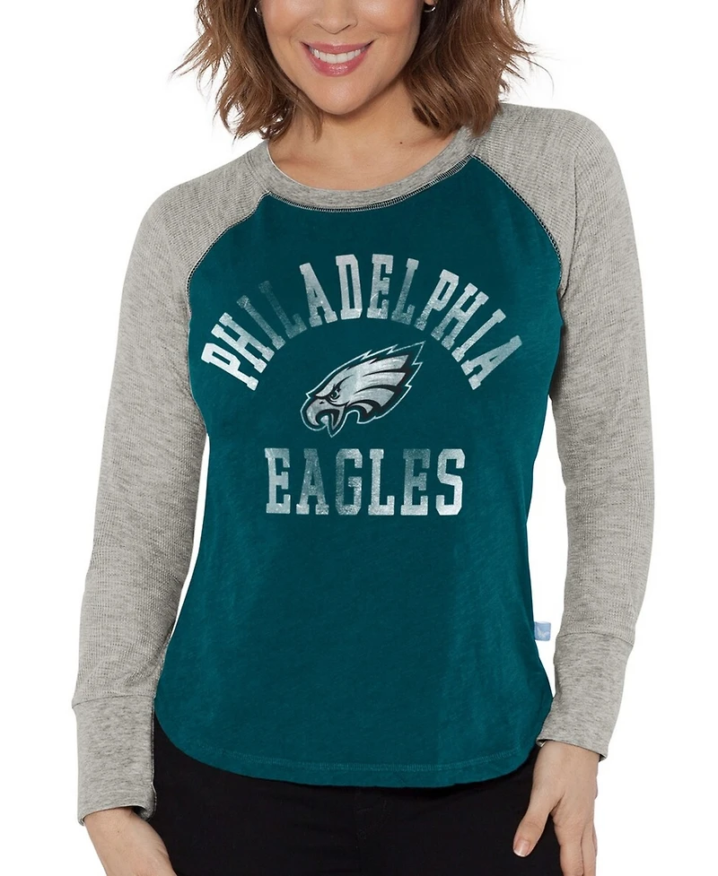 G-iii 4Her by Carl Banks Women's Midnight Green/Heather Gray Philadelphia Eagles Waffle Knit Raglan Long Sleeve T-Shirt