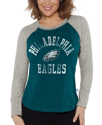 G-iii 4Her by Carl Banks Women's Midnight Green/Heather Gray Philadelphia Eagles Waffle Knit Raglan Long Sleeve T-Shirt