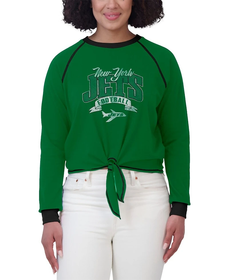 Wear by Erin Andrews Women's Green/Black New York Jets Tie-Front Long Sleeve Top